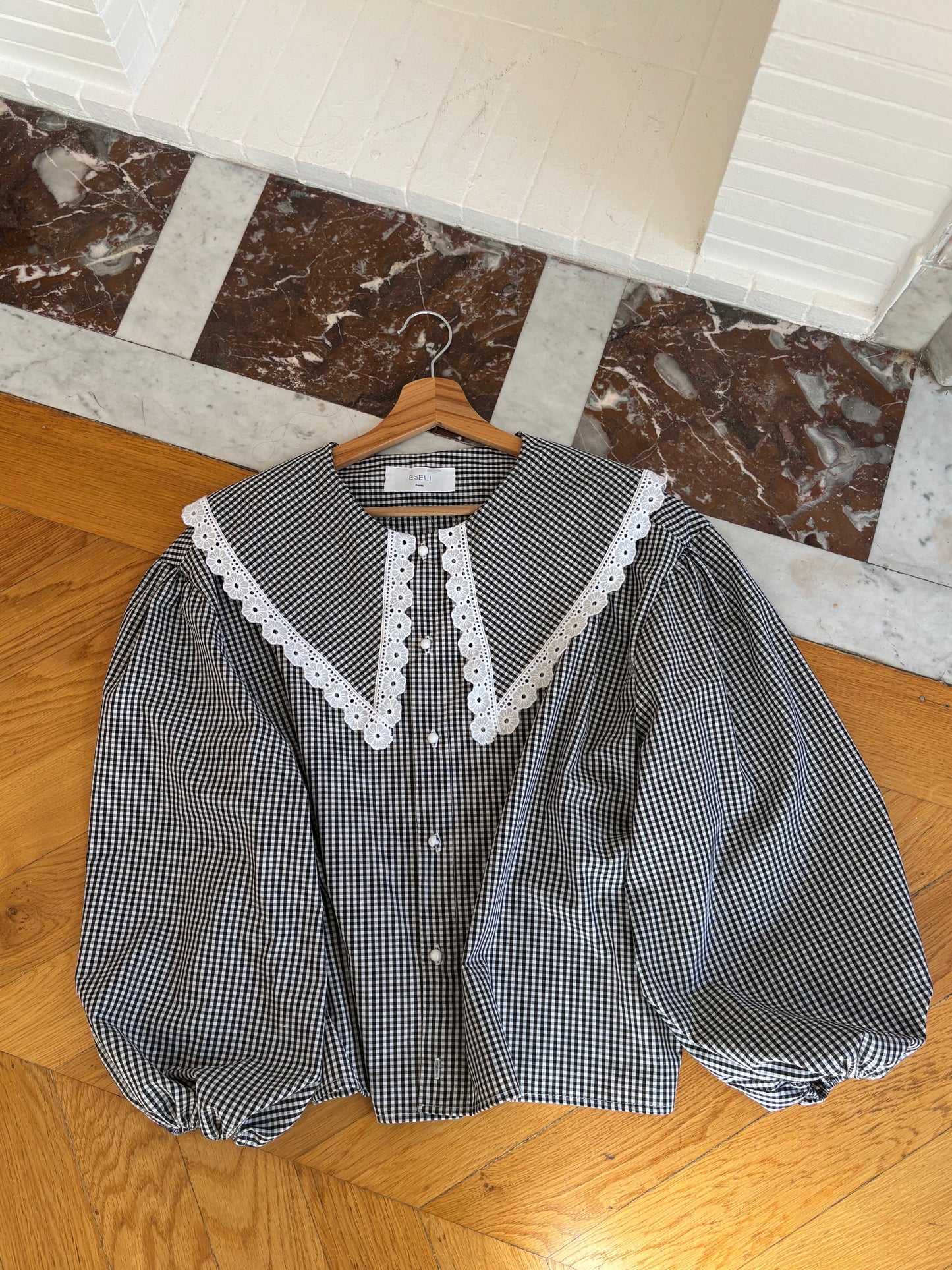 Blouse à col vichy noir et blanc (PIÈCE À LA COMMANDE)