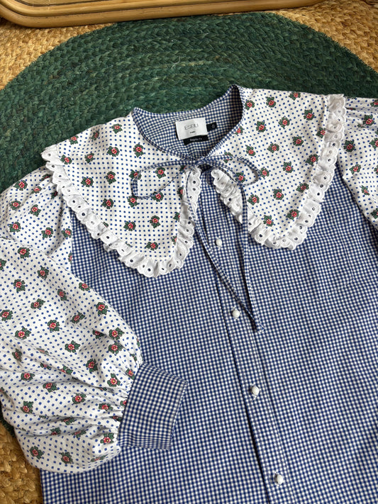 Blouse à col XL et manches bouffantes vichy bleu