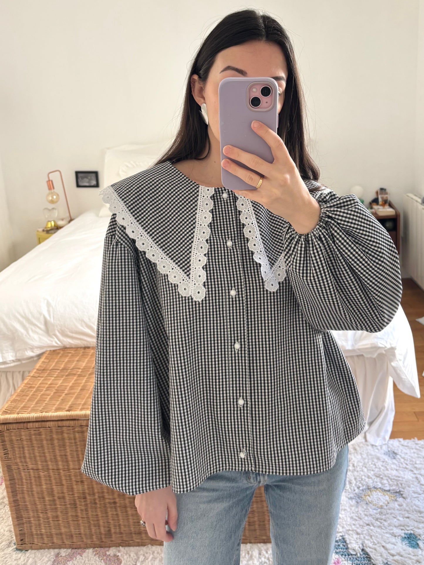 Blouse à col vichy noir et blanc (PIÈCE À LA COMMANDE)