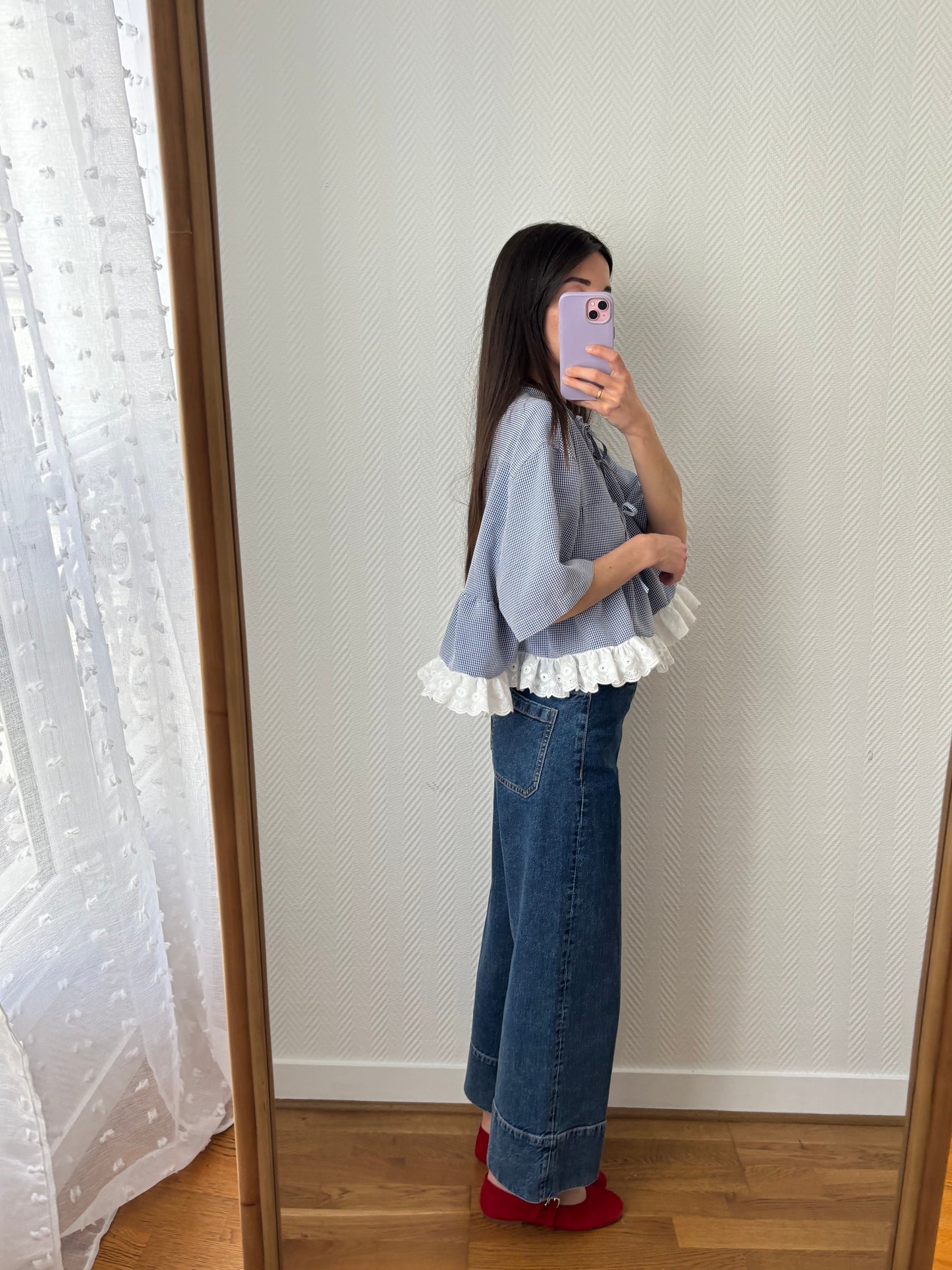 Blouse à noeuds et volants vichy marine
