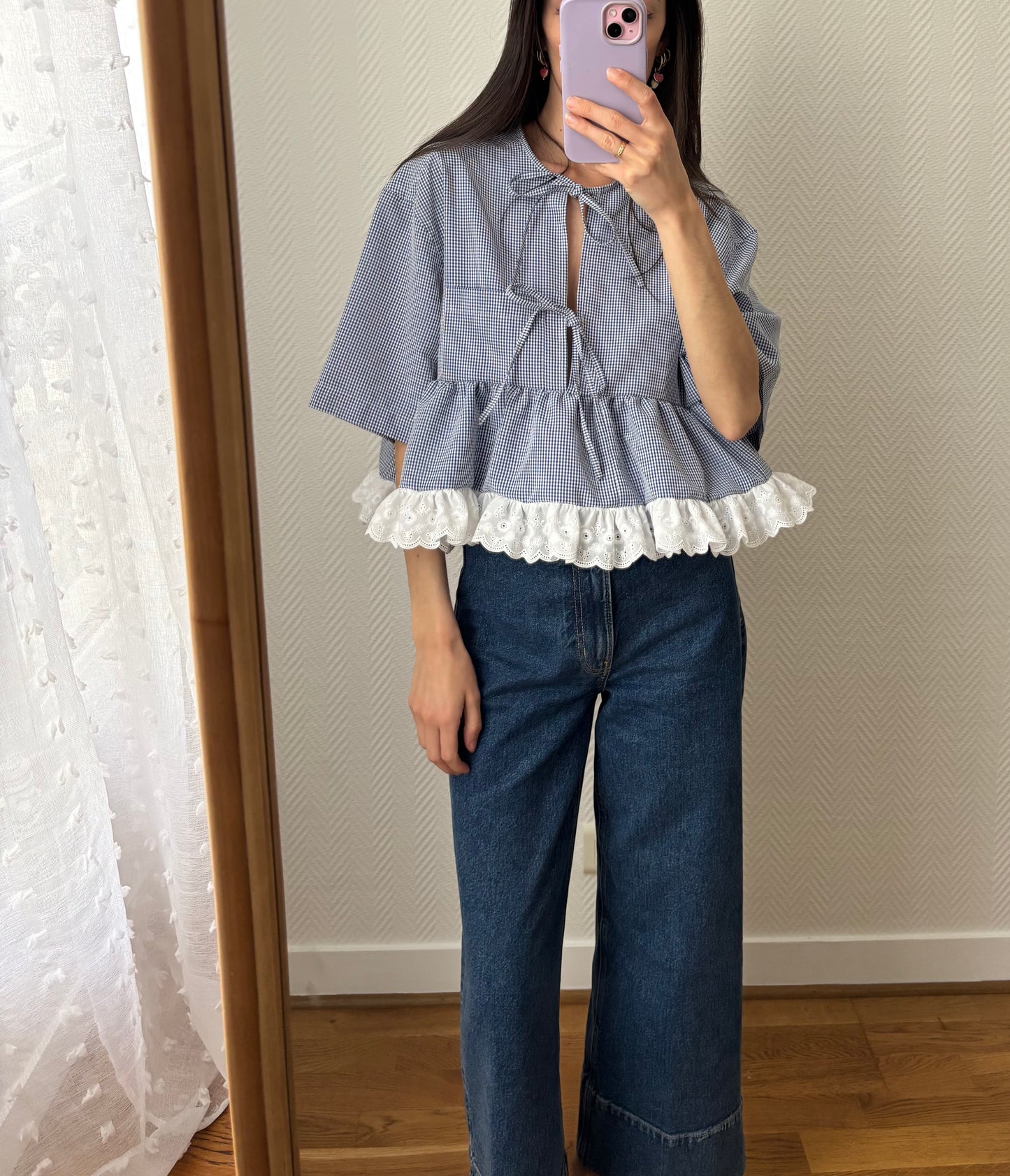 Blouse à noeuds et volants vichy marine