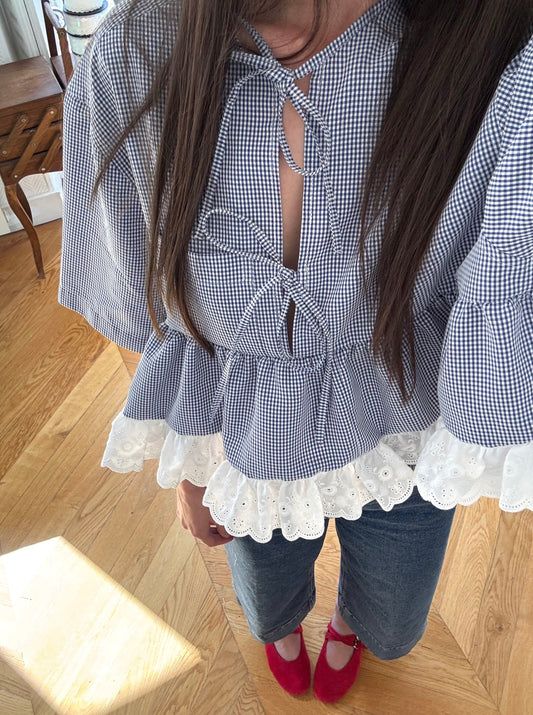 Blouse à noeuds et volants vichy marine