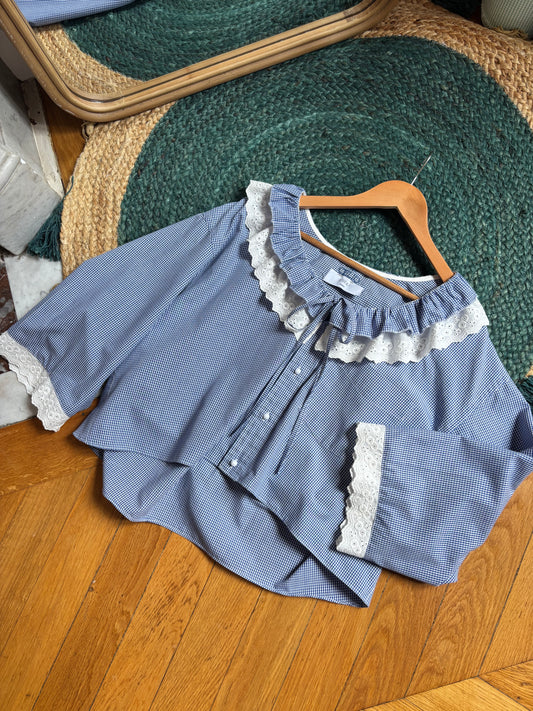 Blouse à froufrou vichy marine