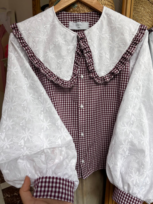 Blouse Elise vichy bordeaux et broderie anglaise