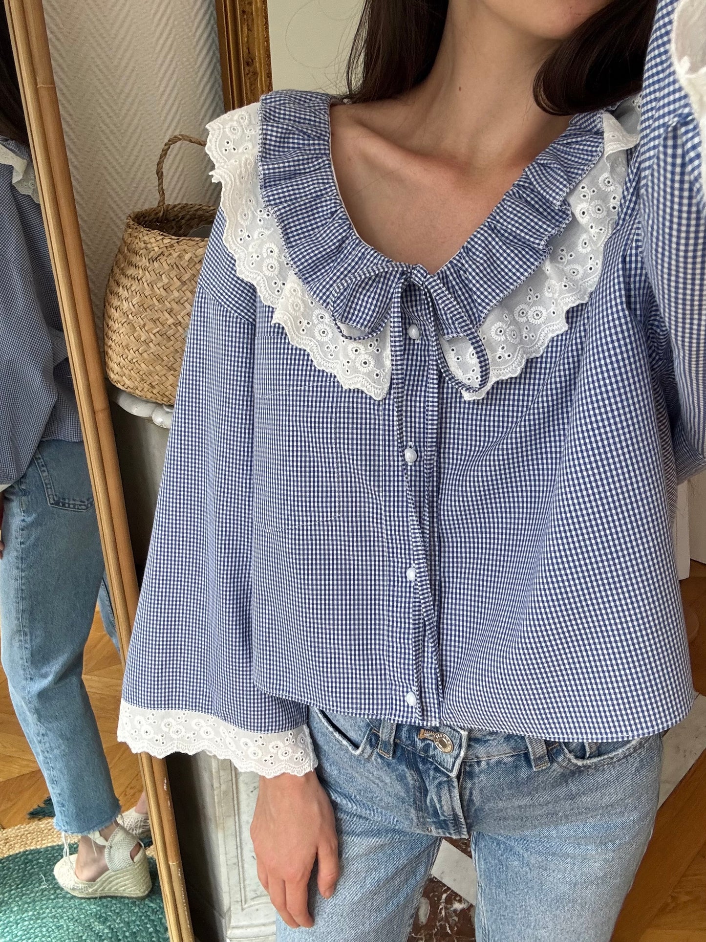 Blouse à froufrou vichy marine