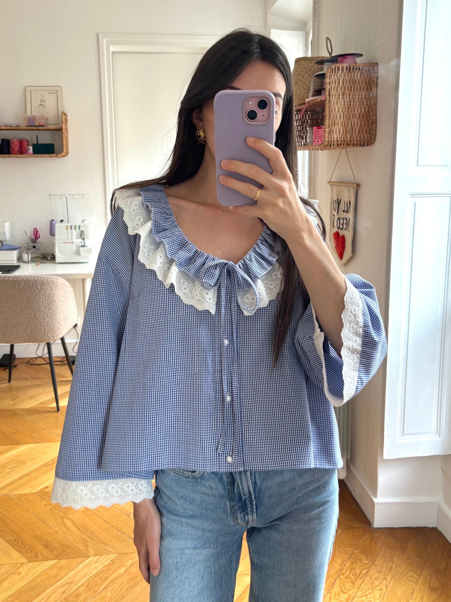 Blouse à froufrou vichy marine