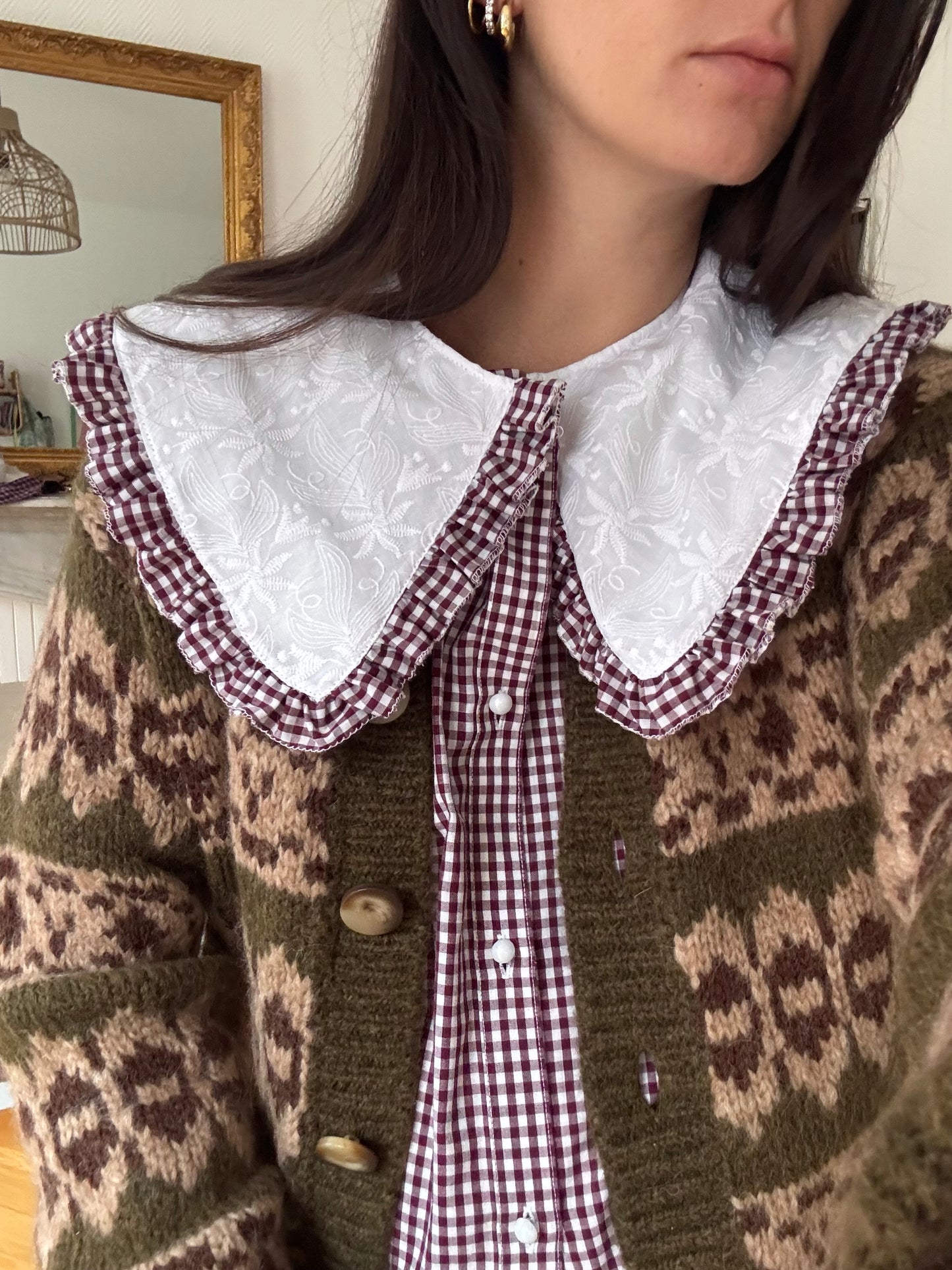 Blouse Elise vichy bordeaux et broderie anglaise