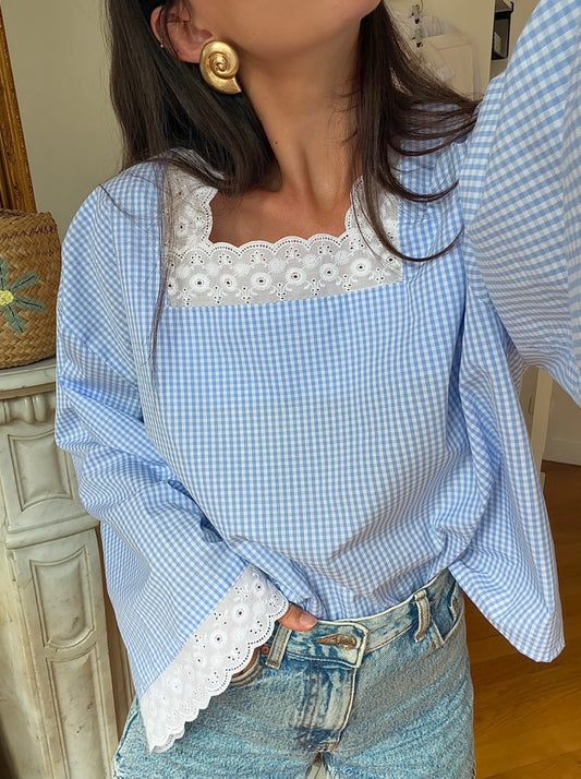Blouse Carmen Vichy bleu (made to roder)